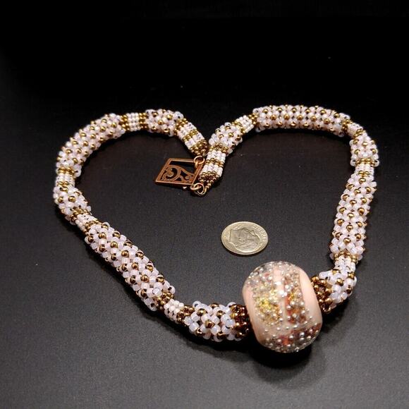 Artisan Woven Glass Beaded Necklace, Opalescent Pink Gold Glass Beads, 20 Inches - Picture 10 of 12